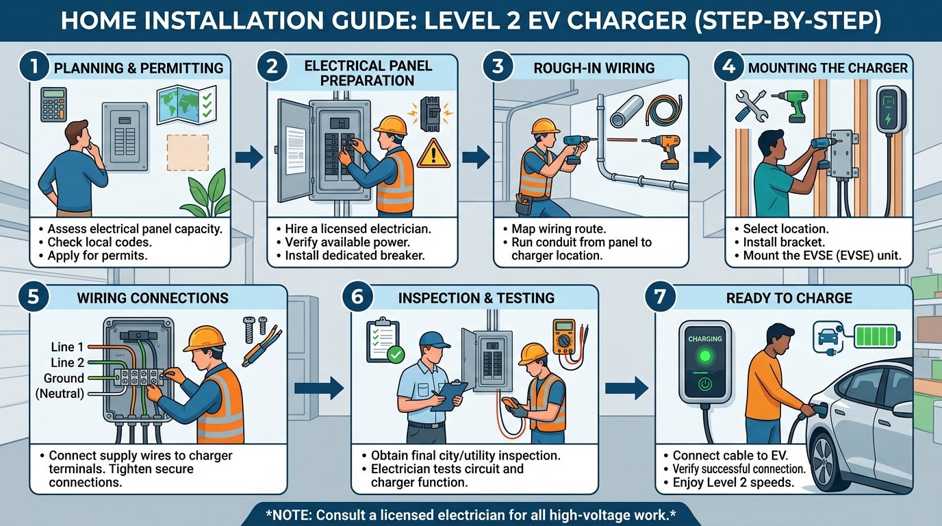 Step-by-step diagram of Level 2 EV charger home installation process