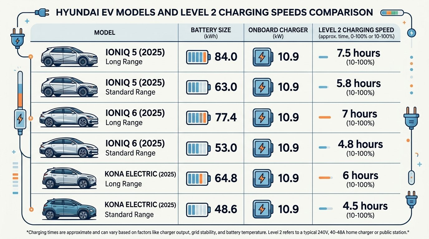Hyundai EV models and their Level 2 charging speeds comparison chart